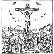 Abre un soldado el costado  del Salvador después de muerto